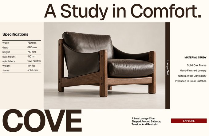 COVE lounge chair layout: A Study in Comfort, with specifications and material study