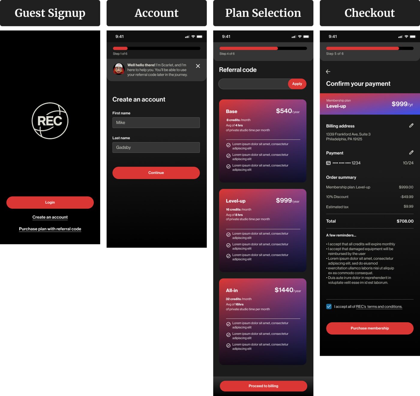 High-fidelity onboarding and payment screens