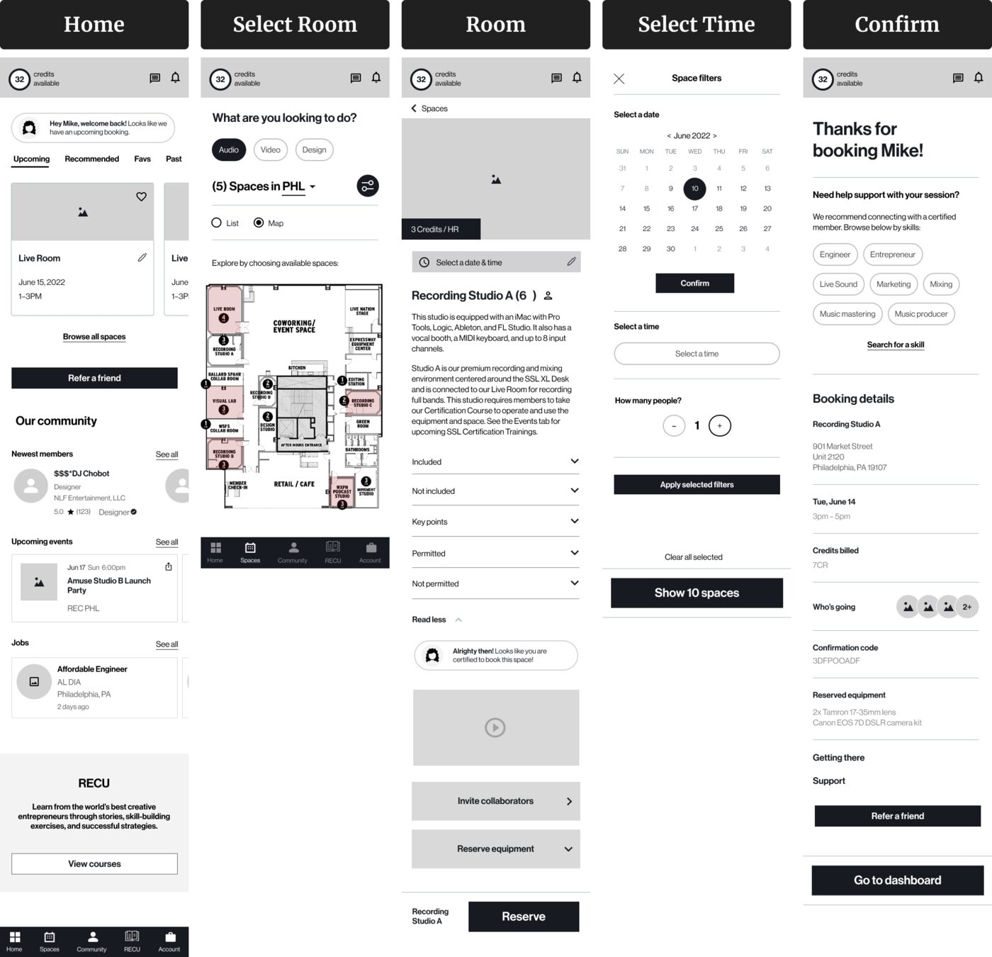 Booking wireframes