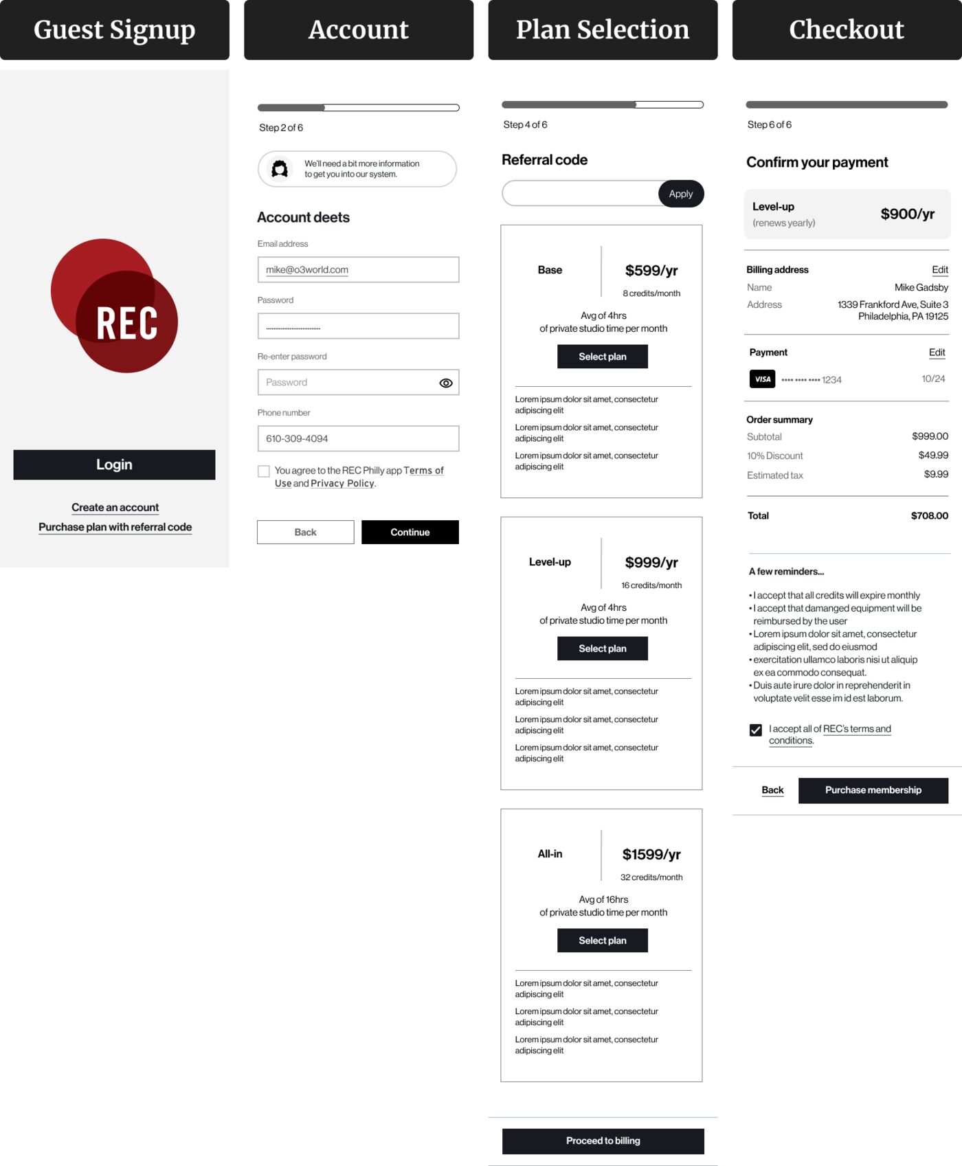 Guest onboarding and membership wireframes